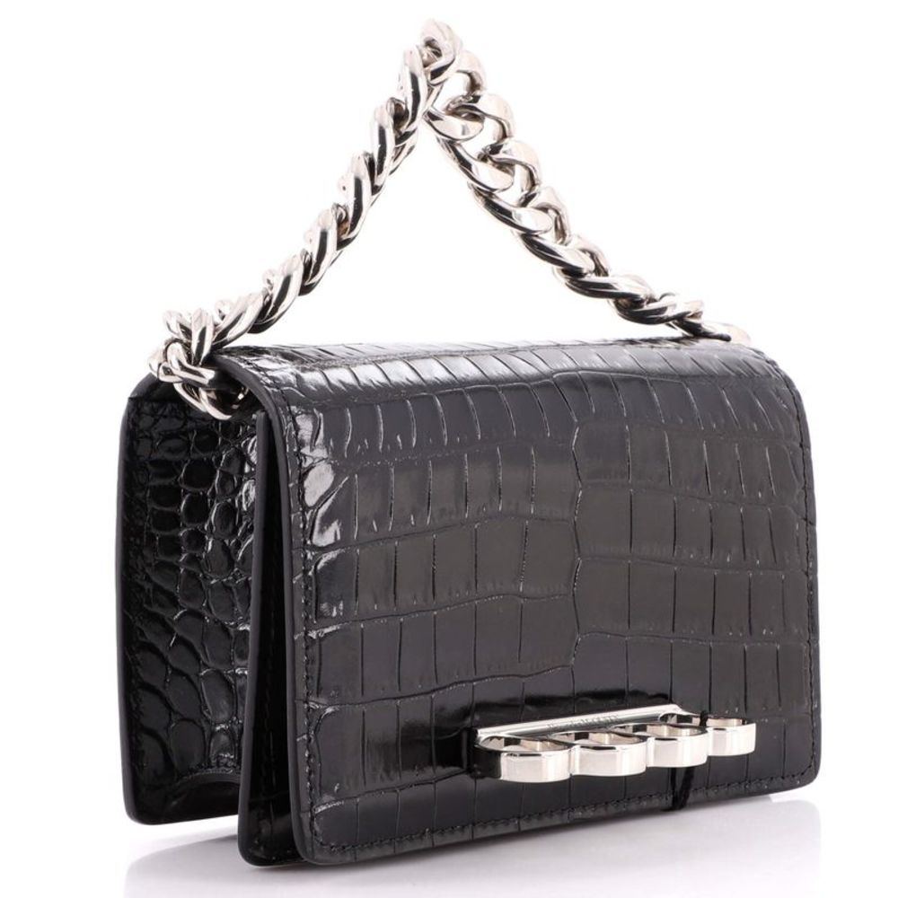 Alexander McQueen Four Ring Chain Handle Bag Crocodile Embossed Leather Mini - Picture 3 of 7